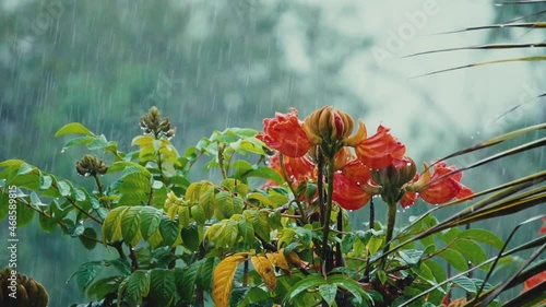 Close-up palm leaves and orange tropical flowers in the rain
