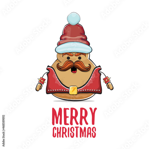 vector rock star santa potato funny cartoon cute character with with red santa hat and calligraphic merry christmas text isolated on white background. rock n roll christmas party poster