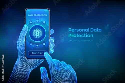 Personal Data protection business concept. Cyber Security. Fingerprint with padlock icon. Private secure and safety. Closeup smartphone in wireframe hands. Vector illustration.
