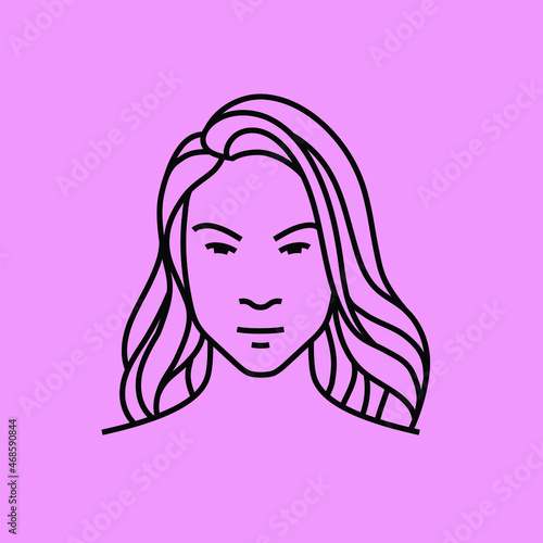 a girl face illustration in a black monoline style. a simple logo element idea of a girl with long hair for skincare, makeup, beauty studio, etc.