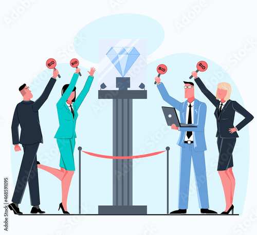 Diamond auction, businessmen bid flat vector illustration