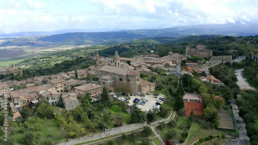Aerial view, flight at of Montalcino and the valley Val d'Orcia Crete Province of Siena Tuscany Italy Aerial view, flight at of Montalcino and the valley Val d'Orcia Crete Province of Siena Tuscany Italy