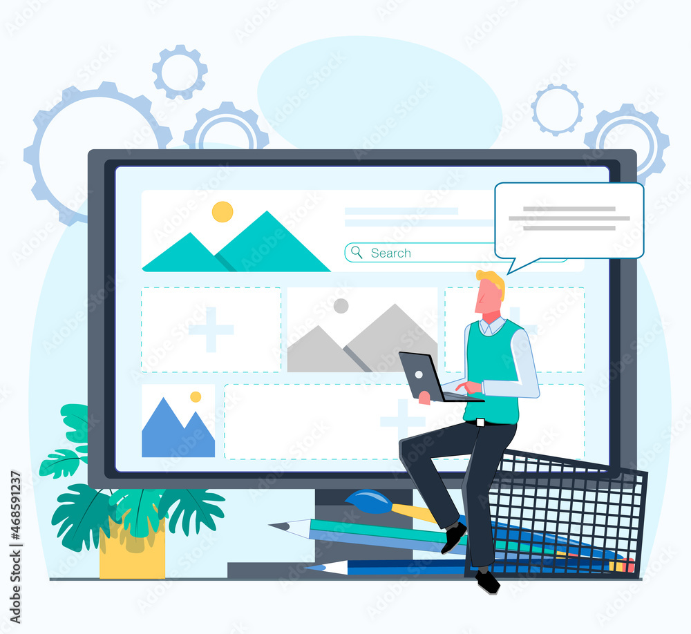 The content manager fills the website with information. A man sits on a stationery glass with pencils and brushes and holds a laptop. Flat vector illustration. The content manager fills the website with information. A man sits on a stationery glass with pencils and brushes and holds a laptop. Flat vector illustration.