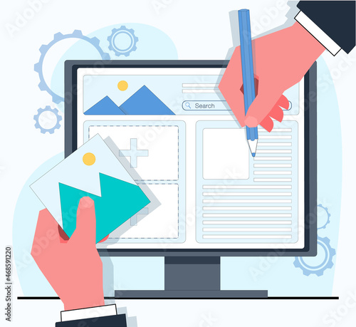 The content manager fills the website with information. A hand with a pencil writes text. The hand with the photo uploads the photo