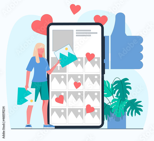 The content manager fills the account with information. A woman holds an image in her hand and uploads it via her smartphone. In the background are likes and thumbs up. 