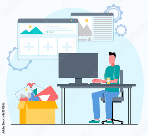 The content manager fills the website with information. A man works on the computer, with the account windows hanging over him.