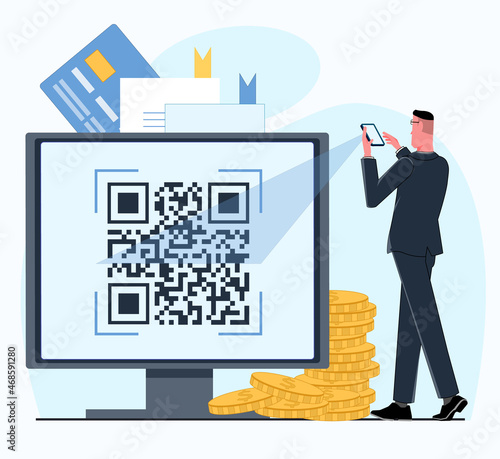 The businessman scans the qr code on the computer monitor via his smartphone, which provides cyber security. The background shows documents, a credit bank card, and gold coins