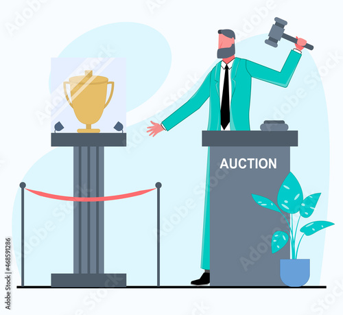 A businessman conducts an auction, and there is a trophy on a pedestal nearby flat vector illustration