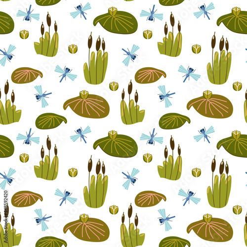 Seamless pattern with water lilies, reeds and dragonflies on the pond. Vector pattern. Texture for fabric, clothing, wallpaper, wrapping paper, stationery.