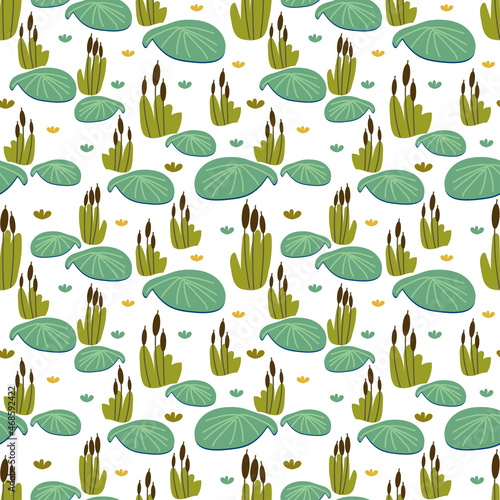 Seamless pattern with water lilies and reeds on the pond. Vector pattern. Texture for fabric, clothing, wallpaper, wrapping paper, stationery.