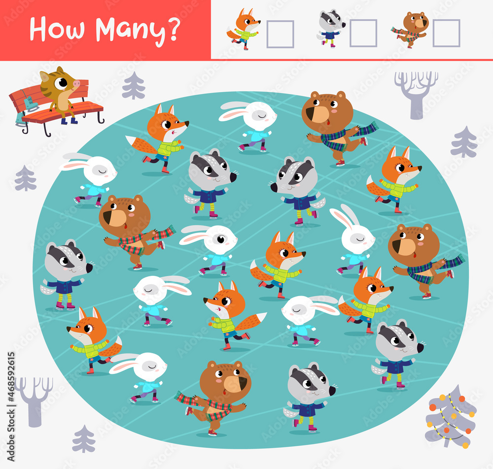 Fototapeta premium Cartoon Vector Illustration of Education Counting Game for Preschool Children. How many bears and bunnies are skating on the ice rink.