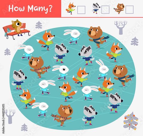 Cartoon Vector Illustration of Education Counting Game for Preschool Children. How many bears and bunnies are skating on the ice rink.