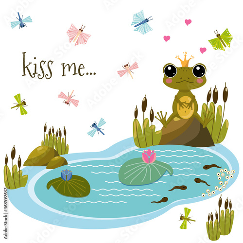 Vector image with a cute frog in love on a pond surrounded by butterflies and dragonflies. Vector illustration for clothing, packaging, gifts, cards, posters and stationery.