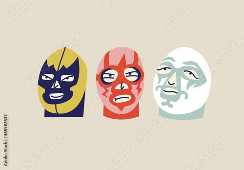Vector illustration set of color mexican wrestlers head. Wrestler fighter in mask character.