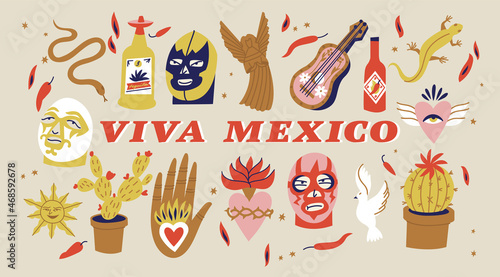 Vector illustration set of mexican culture symbols with traditional objects catholic religion symbolic.