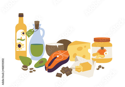 Vector illustartion set of fat nutrition food. Keto diet products. Healty eating concept.