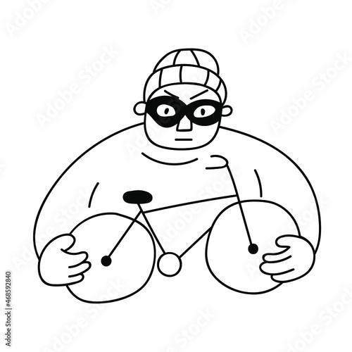 Thief stealing bike. Outline vector illustration.