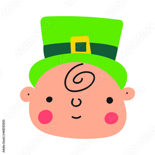 Face of cute baby. Top Hat for St. Patrick's day. Vector illustration on white background