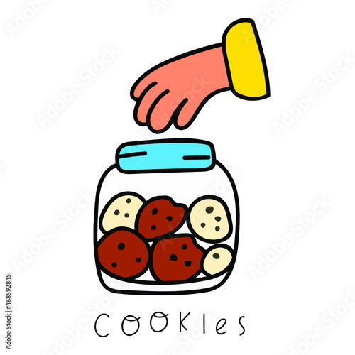 Children's hand grab cookies from glass jar. Vector illustration on white background. 