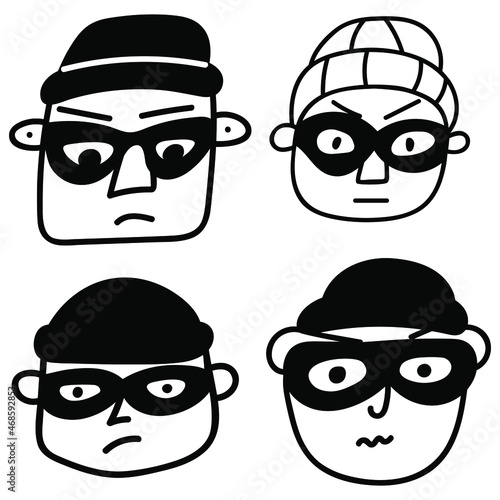 Set of thief's faces wearing masks. Outline icons. Hand drawn vector illustrations on white background.