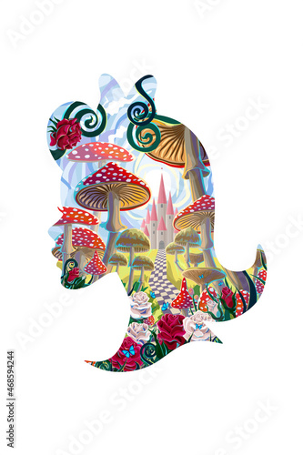 Silhouette of Alice on white background and fantastic landscape with mushrooms, beautiful old castle, red and white roses and butterflies. illustration to the fairy tale "Alice in Wonderland"