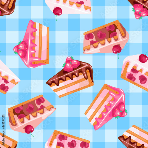 seamless pattern of pink and chocolate sweet pies with cherry and strawberry on blue checkered tablecloth.Texture for fabric, wrapping, wallpaper. Decorative print.