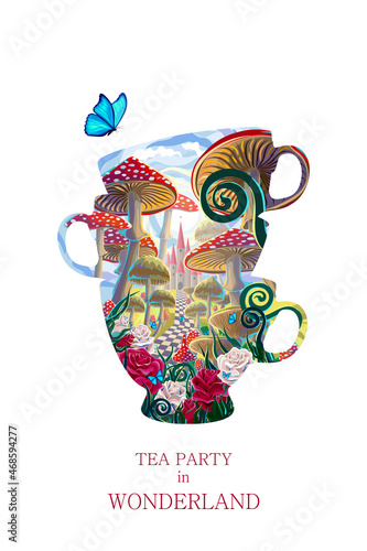 Mad tea party. Silhouette of tea cup on white background and fantastic landscape with mushrooms, beautiful castle, red and white roses and butterflies. illustration to fairy tale "Alice in Wonderland"