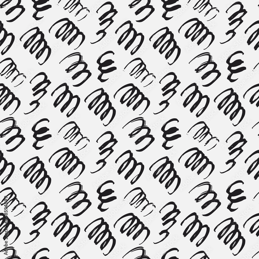 Seamless vector pattern with brush stroke shapes in black and white. Decorative hand drawn texture for print, textile, packaging, wrapping, web. Isolated repetitive tiles.