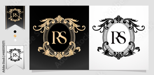 illustration of a RS or SR monogram, coat of arms initial letter. graphic name Frames and Border of floral designs, applicable for insignia, wedding couple name, badge label premium design