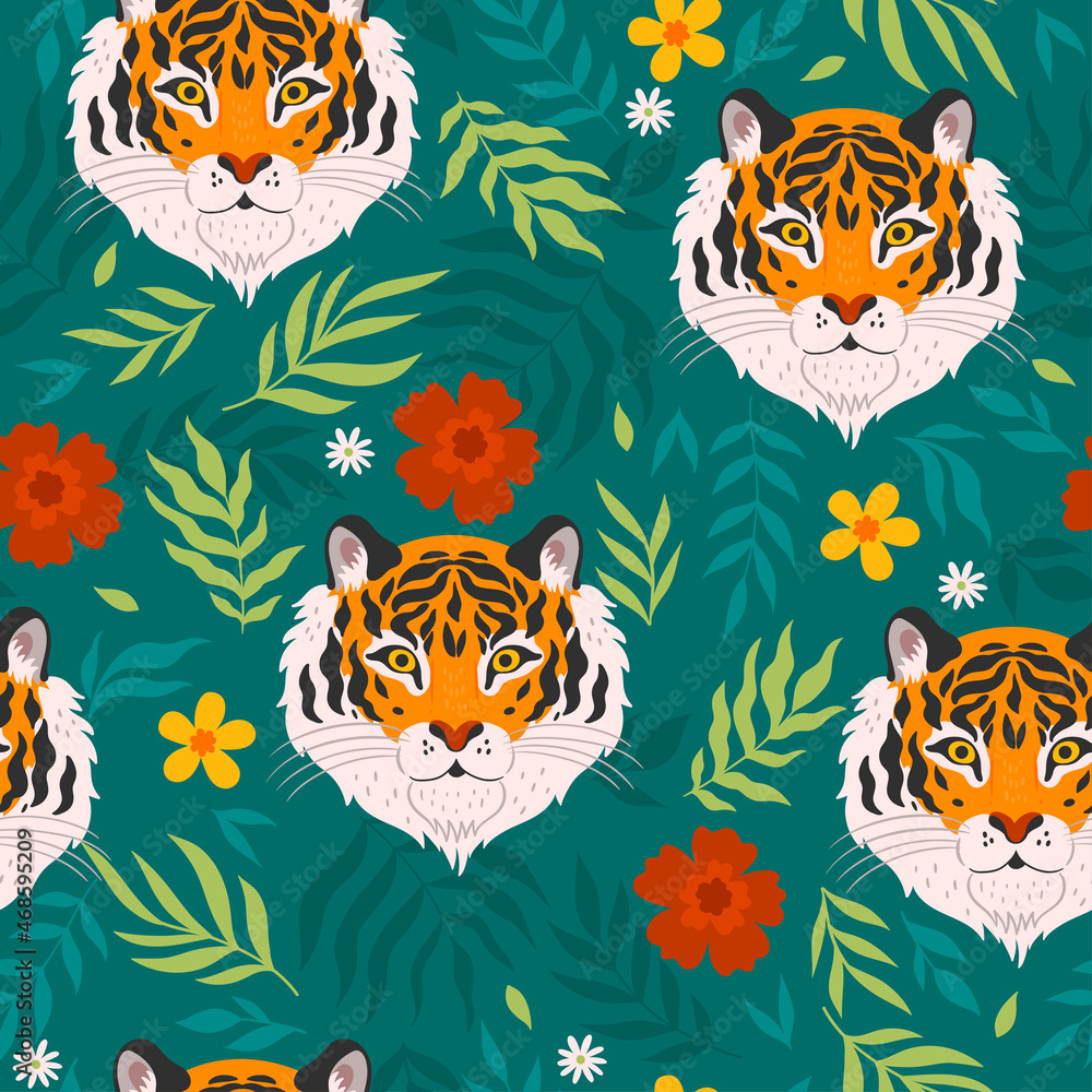 Obraz premium Tropical seamless pattern with tigers and leaves. Vector graphics.