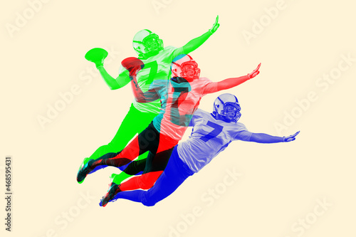 Artwork. Male american football player in motion, flying with ball with glitch duotone effect. Young sporty model and double colorful shadows