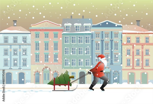 Santa pulls his sleigh with a Christmas tree on a snowy street in the old town. Christmas greetings. 