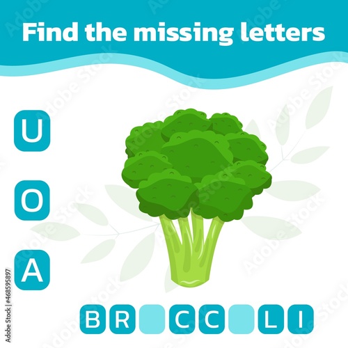 Educational spelling game for kids. Find the missing letter. Vector illustration of cute broccoli.