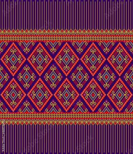 Yellow Red Ethnic or Tribal Seamless Pattern on Purple Background in Symmetry Rhombus Geometric Bohemian Style for Clothing or Apparel,Embroidery,Fabric,Package Design
