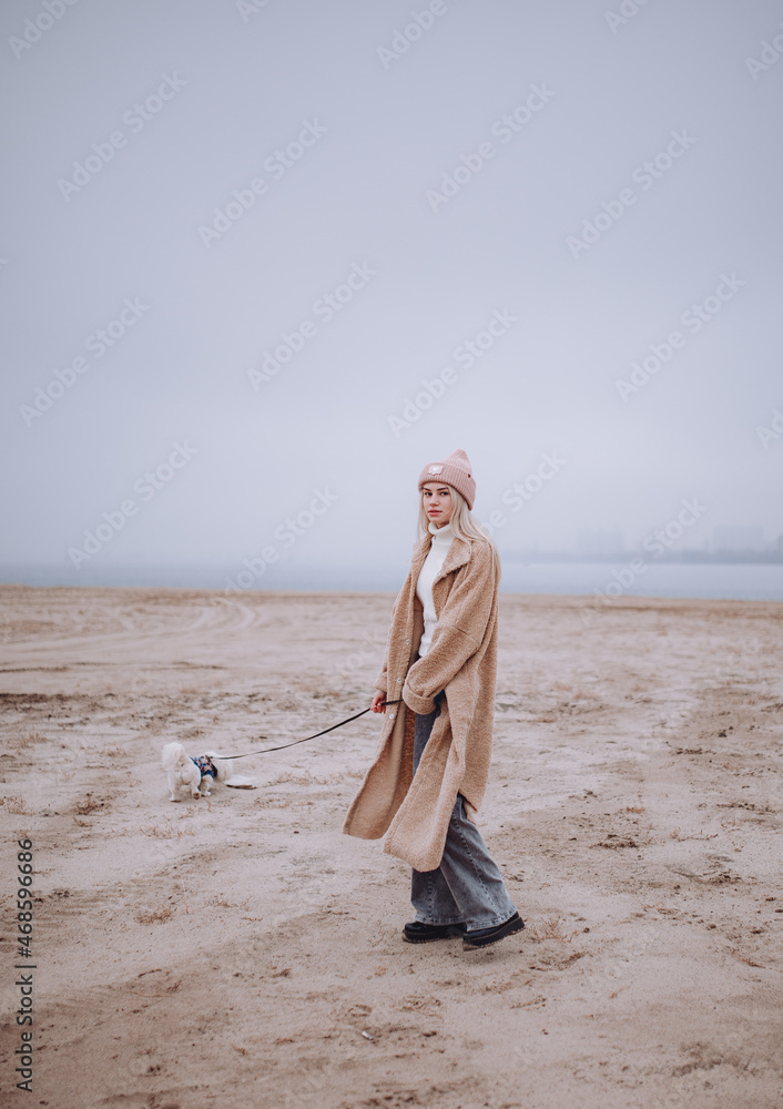 a girl on an autumn beach walks with a Pekingese dog, a foggy morning a girl on an autumn beach walks with a Pekingese dog, a foggy morning