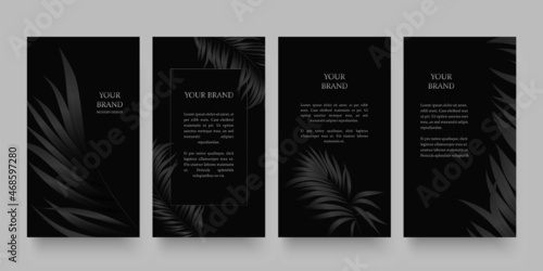 Floral cover, frame design set with tropical pattern of palm leaf on black bacground. Luxury premium background pattern for menu, elite summer sale, luxe invite template, formal invitation, luxury vou