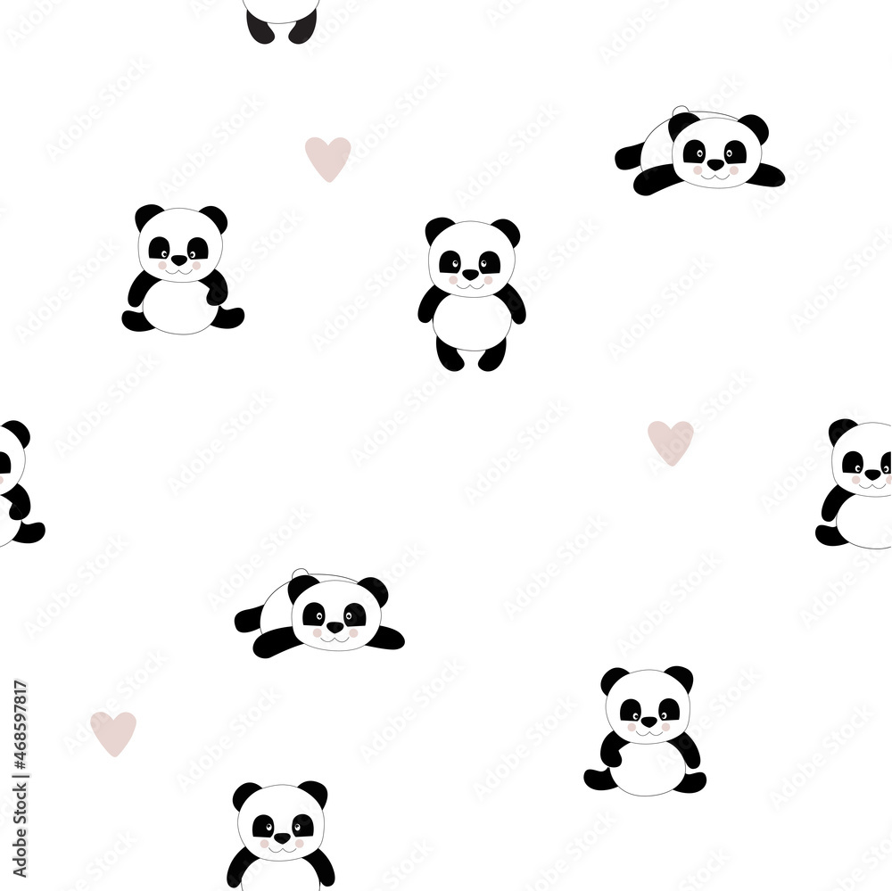 Vector black and white background with cute pandas. Cartoon pandas. Vector black and white background with cute pandas. Cartoon pandas.