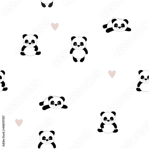 Vector black and white background with cute pandas. Cartoon pandas.