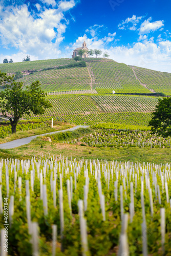 Church of Fleurie village and vineyards of Beaujolais