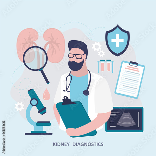Doctor examines kidneys. Medical staff, closeup view. Diagnostics, research, treatment of organ. Nephrologist diagnoses kidneys with various tools. Medicine, nephrology concept. © Marina