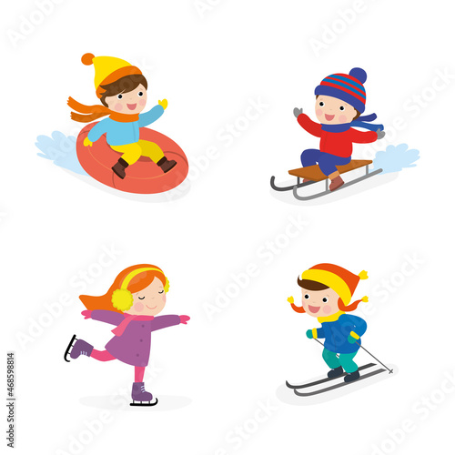 Set of children doing winter activities. Little boys sledding, isolated on white background