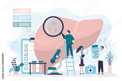Group of scientists examine liver. Doctors select treatment for diseased organ. Concept of hepatology, medical research