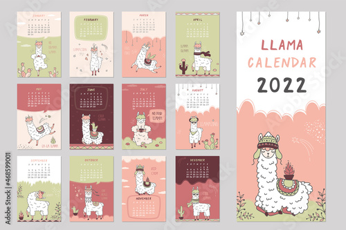 Calendar 2022, Sunday first. Schedule template with cute llama. New 2022 year calendar with alpaca cartoon character. Funny animal in scandinavian style.