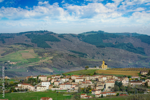 Landscape and village of Saint Laurent d Oingt during a sunny day