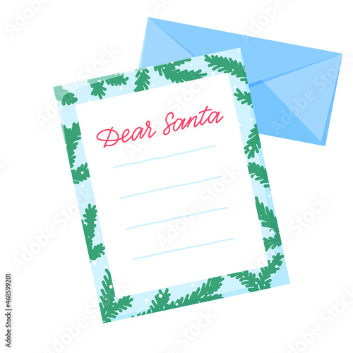 Dear Santa letter to Santa Claus with envelope. Winter holiday wish list. Christmas wishes. Flat vector illustration