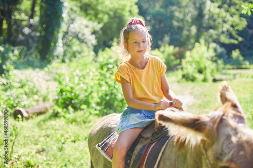 Little girl in the saddle riding on a donkey, in contact farm zoo