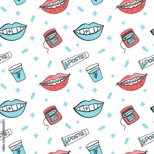 Smiles with and without braces. White beautiful teeth. Toothpaste, dental floss and oral tablets. Seamless pattern of elements on a white background.