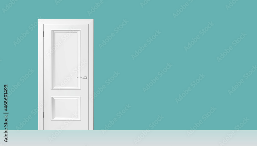Tiled closed door with a chrome handle, standing on the left side of green colored corridor, with white flooring. White door on green wall background. Vector illustration. Tiled closed door with a chrome handle, standing on the left side of green colored corridor, with white flooring. White door on green wall background. Vector illustration.