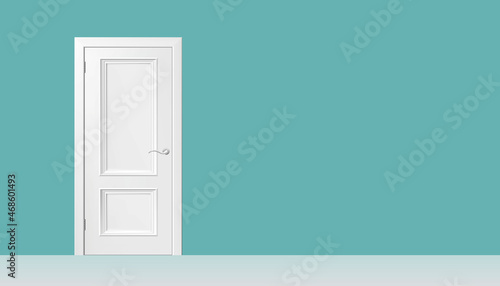 Tiled closed door with a chrome handle, standing on the left side of green colored corridor, with white flooring. White door on green wall background. Vector illustration.