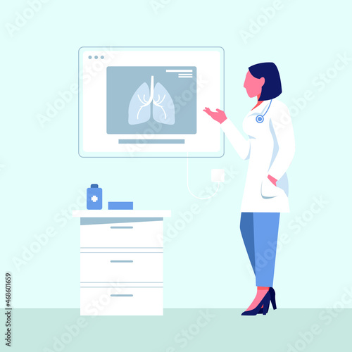 Pulmonologist. Medicine concept with woman doctor looking at x-ray of the lungs. Consulting and diagnostics. Modern flat vector illustration.